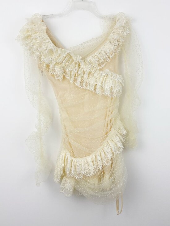 House of CB Sorrel Ivory Lace Frill Mini Dress Size M Off Shoulder Sexy Ruffles - Picture 3 of 13